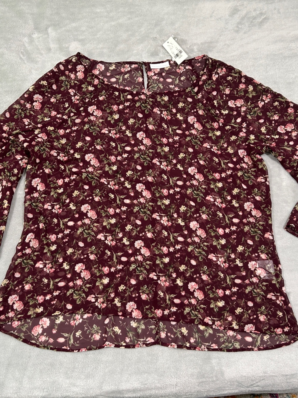 New York & Company Floral Burgundy Sheer Blouse with Ruffle Sleeves